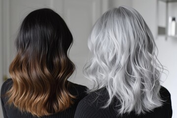 Naklejka premium Two individuals stand side by side, highlighting distinct hairstyles; one with dark ombre curls and the other featuring soft silver waves in a stylish salon environment.