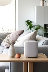 Fototapeta premium Voice-activated smart speaker in living room with stylish decor