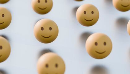 3D rendering of a happy emoji pattern with floating smiley faces.
