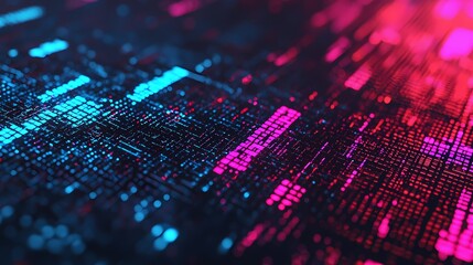 A vibrant digital landscape showcasing flowing patterns of blue and pink lights against a dark background, representing technology and data visualization.