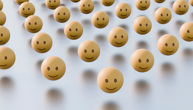 3D rendering of happy smiley face emojis in a repetitive pattern.