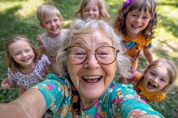Fototapeta premium Elderly woman enjoys a joyful moment with smiling children in a sunny park. Generative AI