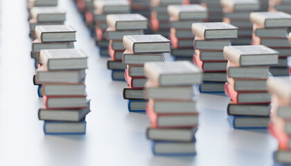 Stacks of books arranged in rows indoors