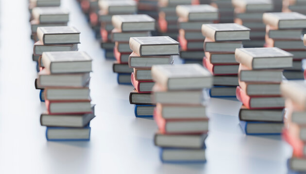 Stacks of books arranged in rows indoors
