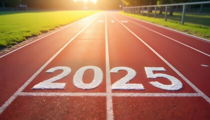 A running track in 2025, bathed in warm hues as the sun sets on the horizon, creating a serene atmosphere, generative ai