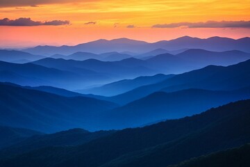 Fototapeta premium Vibrant sunset over layered mountains creates a stunning evening landscape. Generative AI