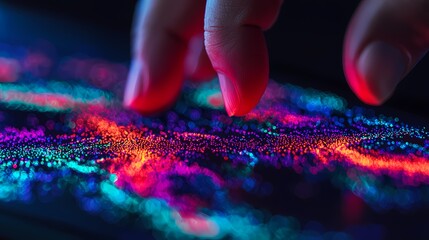 A close-up of a hand interacting with a vibrant, illuminated surface, showcasing colorful patterns and a blend of technology and art.