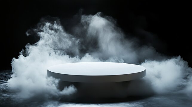 Empty Round platform emerging from a mysterious dry ice smoke on a black background, creating an ideal setting for product showcasing.