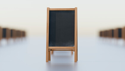 3D rendering of a blackboard pattern on a tabletop with a wooden frame, indoors.