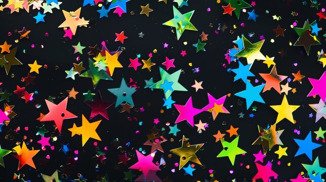 A background of brightly colored stars on a black surface.