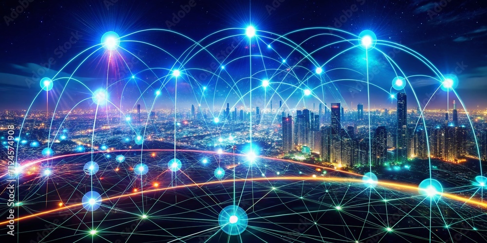 Poster abstract neon illustration of wireless glowing systems in low light, showcasing big data networks an