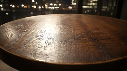 Obraz premium Round Wooden Tabletop Night City Lights Background