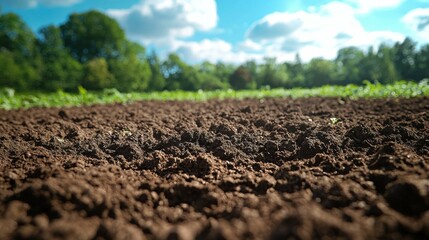 A close-up view of rich, dark soil on an agricultural field under a bright blue sky with scattered clouds. The vibrant greenery is visible in the background.