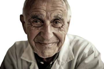 An Experienced Doctor with Grey Hair Smiling, Perfect for Healthcare Marketing and Promotion