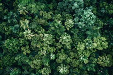 This stunning aerial perspective reveals a lush tropical rainforest filled with diverse trees, showcasing vibrant green foliage under bright sunlight, creating a serene environment.