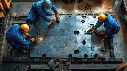 Three industrial workers assembling a large metal jigsaw puzzle on the factory floor.