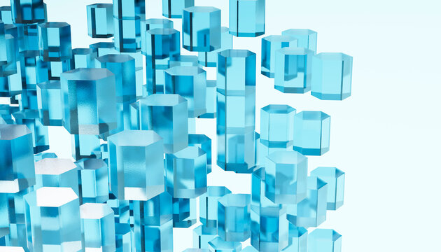 Abstract blue geometric shapes in a 3D rendered digital illustration.