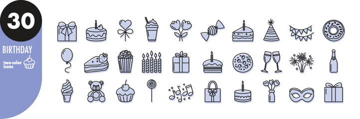 Set of birthday celebration line icons with blue fill. Cake, candles, candy, cupcake, gift, fireworks, flowers, lollipop, ice-cream, donut, popcorn, balloon, champagne, vector illustration
