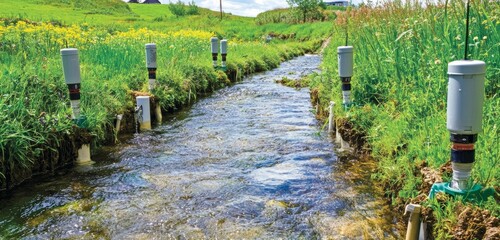 Professional Water Quality Monitoring Equipment Setup in Natural River Environment
