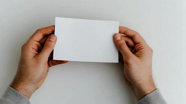 A person is holding a blank piece of paper. The paper is white and rectangular in shape. The person is holding the paper in their hands, and it is a blank card or a note