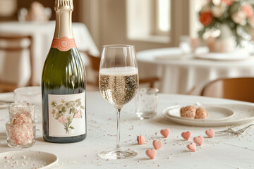 A close-up of champagne glasses with bubbles and heart-shaped confetti, creating a festive and romantic atmosphere perfect for celebrations.