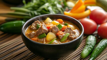 Traditional Filipino Sinigang Soup with Fresh Vegetables and Tamarind Broth