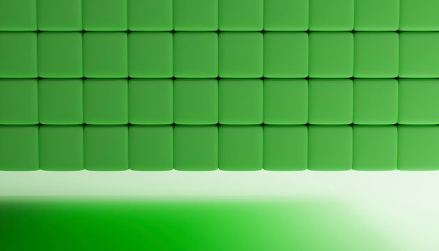 Abstract 3D rendering of green geometric shapes in a tiled pattern.