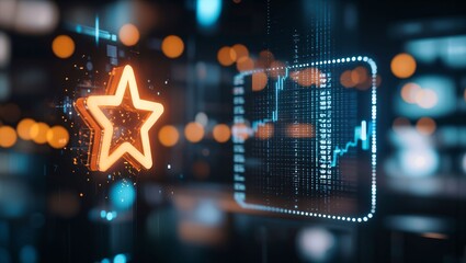 A vibrant digital landscape highlights a glowing star symbol alongside complex data visualizations, symbolizing innovation, achievement, and technology's bright future.