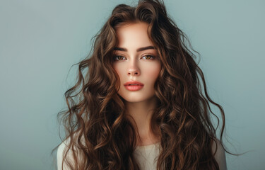 Fototapeta premium Young fashion model woman with long healthy shiny silky brown hair, studio portrait
