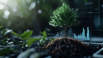 The Harmony of Nature and Technology: A Vibrant Tree Flourishing Amidst Data Visualization, Symbolizing the Balance Between Ecology and Innovative Insights.