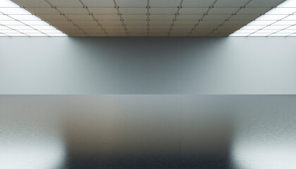 Abstract 3D rendering of a modern illuminated interior space with a reflective floor and ceiling.