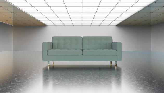 Modern sofa in a minimalist, clean indoor setting with ample copy space.