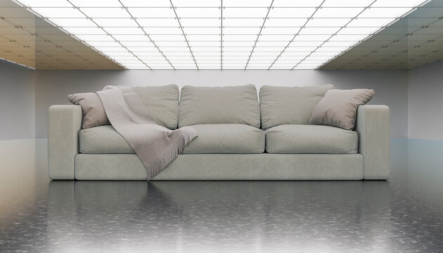 3d rendering of a modern gray sofa in a minimalist, contemporary interior with ceiling lights