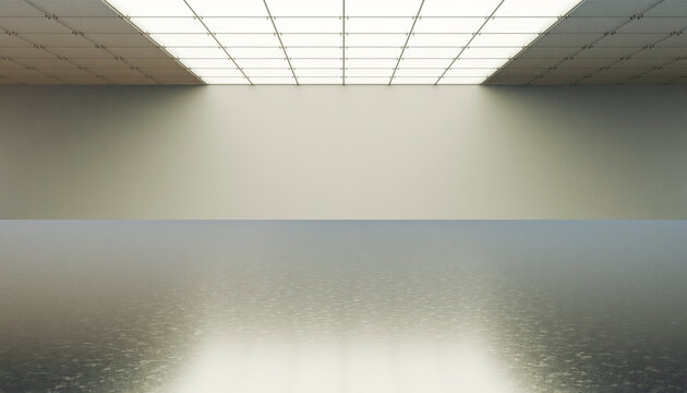 3d rendering of a modern minimalist interior with ceiling lights and reflective floor.