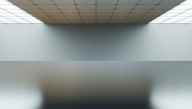 Abstract 3D rendering of a modern illuminated interior space with a reflective floor and ceiling.