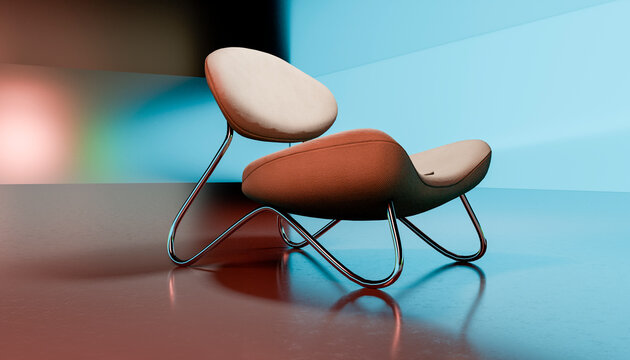 Modern upholstered chair with metal legs in an abstract setting, 3D rendering.
