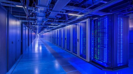 Fototapeta premium Modern Data Center Interior with Server Racks and Blue LED Illumination
