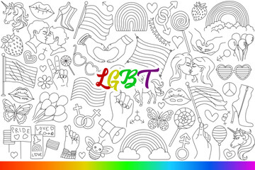 LGBT symbols for pride month and fight against discrimination against gays and lesbians. LGBT abbreviation on background to support transgender people from queer community. Hand drawn.