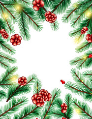 Holiday background of Christmas tree branches, spruce, juniper, fir, larch, pine cones with light. Xmas and New Year theme. Top view, wide composition, seamless pattern, color sketch