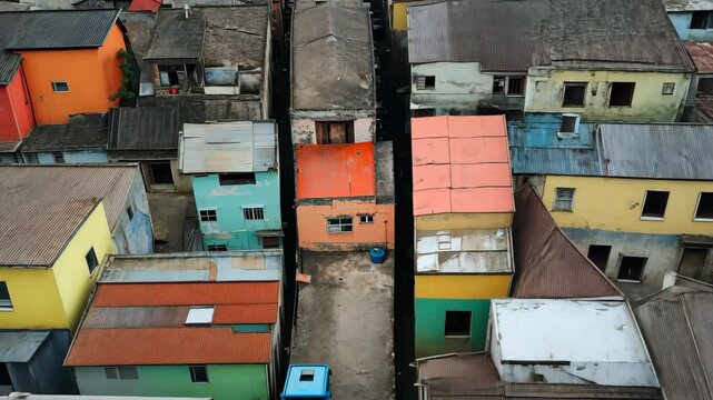 A row of colorful houses with a blue trash can in the middle. The houses are painted in different colors, and the blue trash can is placed in the middle of the row