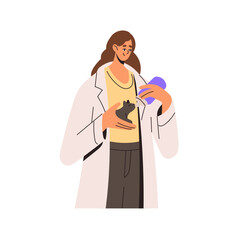Veterinarian holds kitten in hands and feeds by bottle. Volunteer rescues little pet in vet clinic. Doctor cares about cat in veterinary center. Flat isolated vector illustration on white background