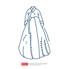 A simple line drawing of a traditional hanbok, a Korean dress characterized by its elegant silhouette and vibrant colors. It showcases cultural heritage and fashion.