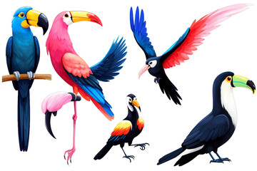 Naklejka premium Set of birds, parrot, flamingo, hummingbird and toucan, isolated white background, watercolor hand drawn collection, Generative AI