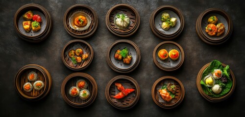 Authentic Chinese Dim Sum Selection in Traditional Bamboo Steamers