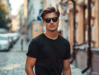 Man with sunglasses wearing blank empty black t-shirt mockup posing outdoors