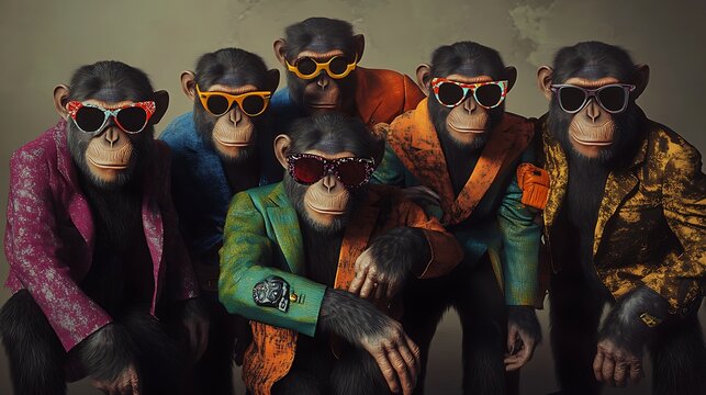 Six chimpanzees in colorful suits and sunglasses pose for a group photo.