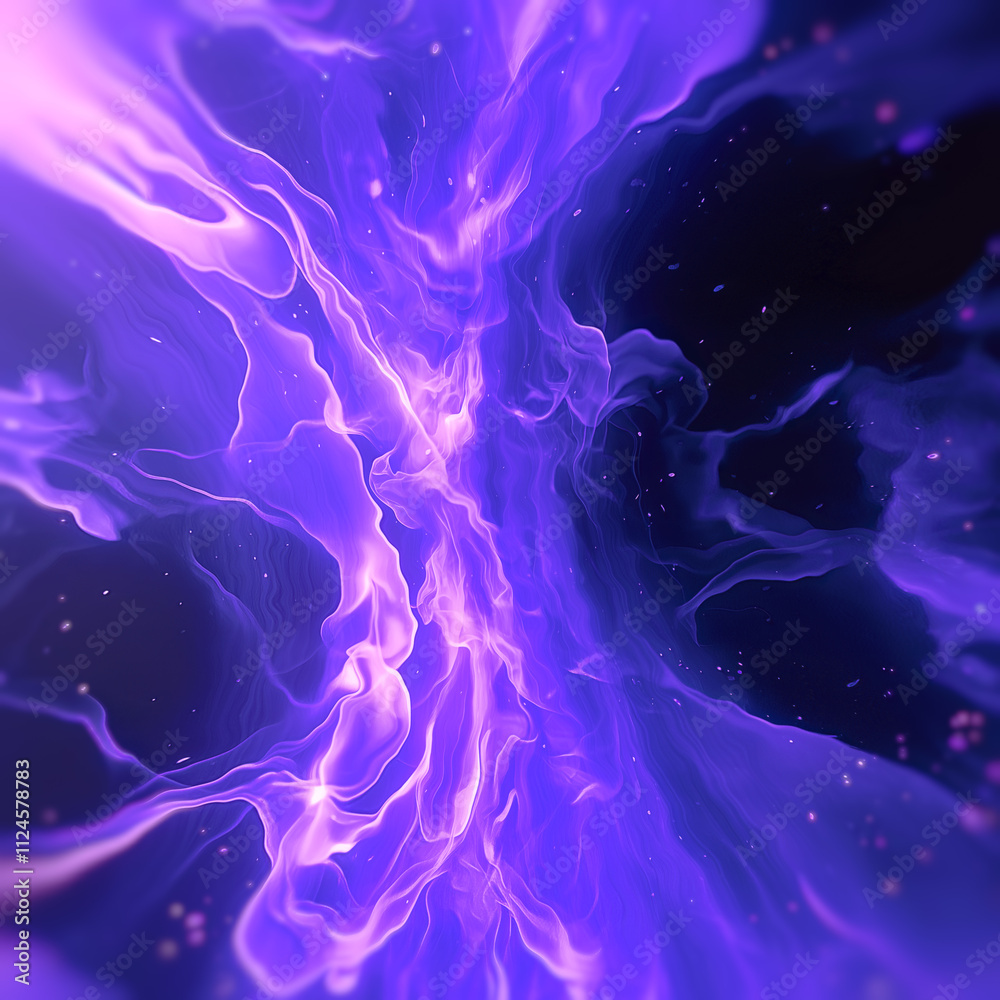 Poster abstract-style digital illustration depicting dynamic streams of fire in shades of purple and lilac,
