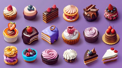 A variety of decorated cakes and cupcakes, including chocolate, vanilla, and fruit-topped.