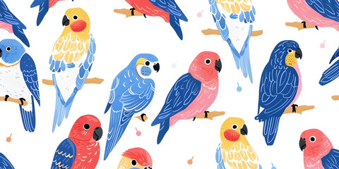 A lively seamless pattern showcasing colorful parrots in hues of blue, red, and yellow perched on branches, set against a clean white background, exuding a tropical and playful vibe