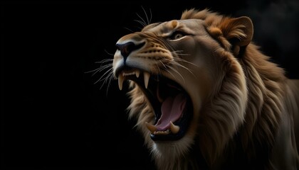 Naklejka premium A close-up portrait of a powerful golden lion with its mouth open , revealing sharp teeth and glowing eyes against a dark background